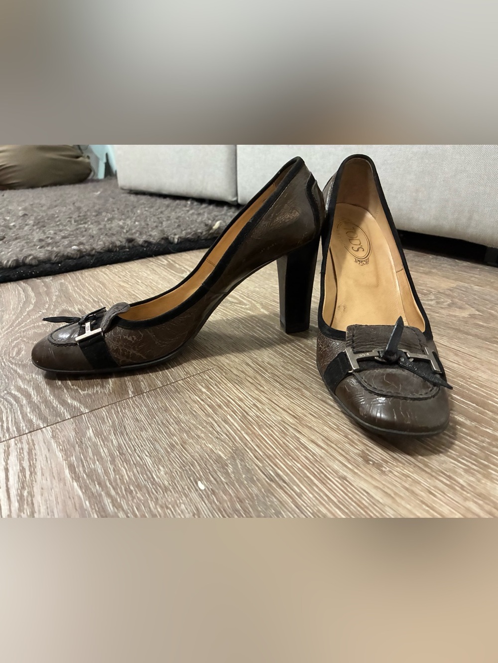 SOfft Brown Leather Block Heel Pumps with Buckle Detail